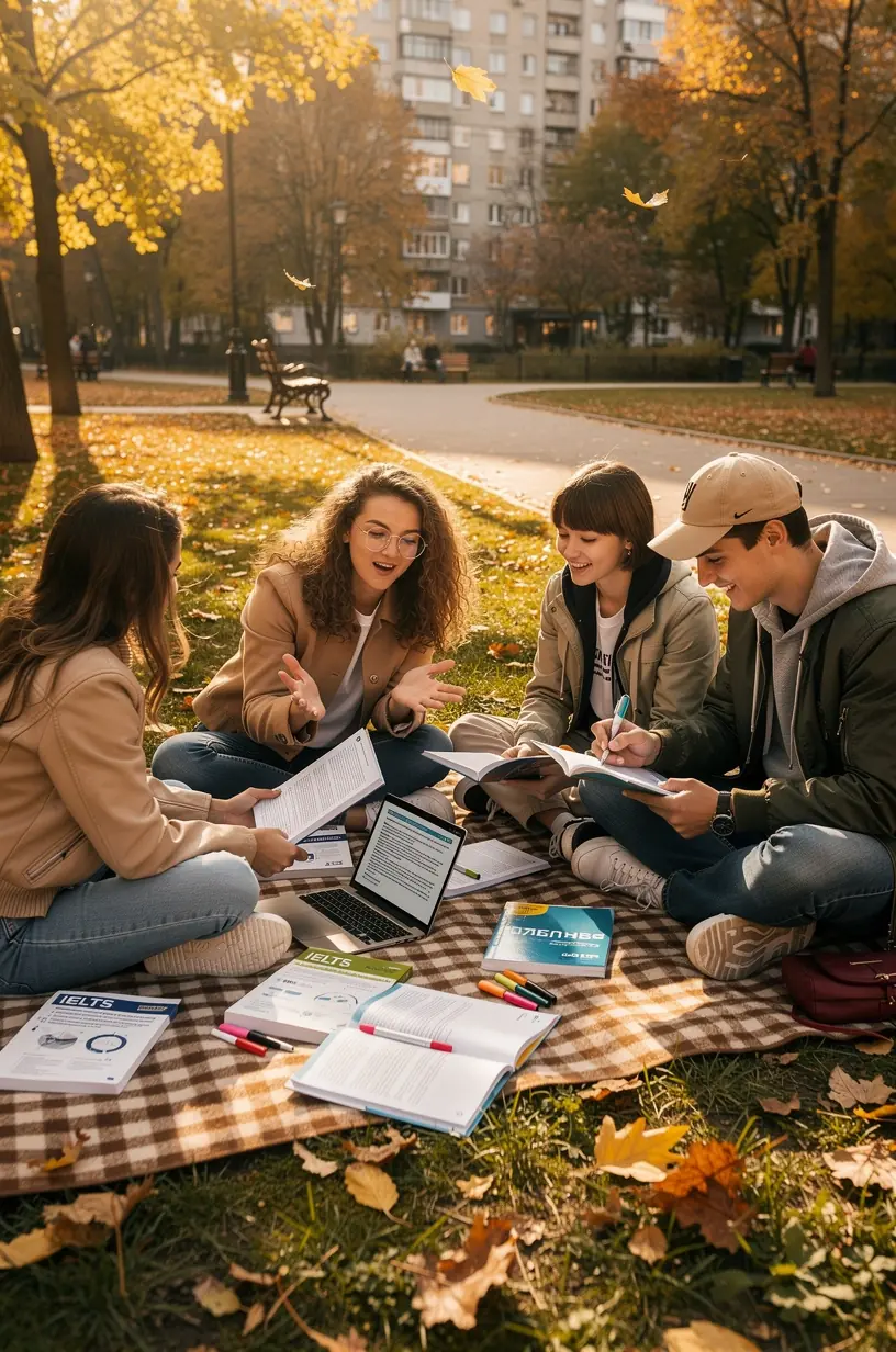 Group of diverse students practicing TOEFL speaking skills in a virtual classroom