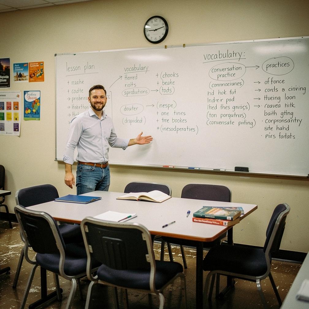 Teacher explaining IELTS writing strategies using a whiteboard during an online preparation class
